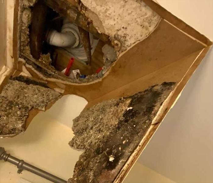 mold damaged ceiling, drain pipe